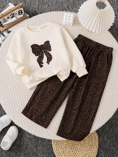 Autumn/Winter New Leopard Print Bow Decor Long Sleeve Top And Casual Pants Set, Leopard Bow Set, Adorable For Kids, Fleece Sweatshirt + Leopard Pants, Cute Baby Girl Outfit, Melt Your Heart, Extremely Adorable
