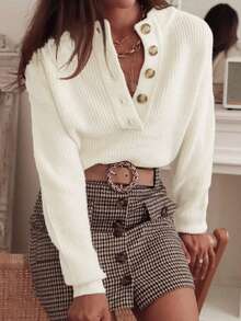 Solid Color Semi Open Neck Fashionable Button Over Sweater For Women In Autumn And Winter, Elegant And Slouchy Design