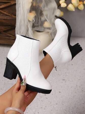 Women's Crocodile Pattern Patchwork Round Toe Back Zipper White Elegant High Heel Boots, Suitable For Party, Outdoor And Daily Wear, Autumn/Winter New PU Leather Fashion Versatile Comfortable Increased Height Ankle Boots