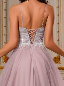 VIPGIRL 薰衣草色吊带高开衩亮片薄纱礼服，串珠晚礼服，多层公主风舞会礼服，优雅紫色舞会礼服