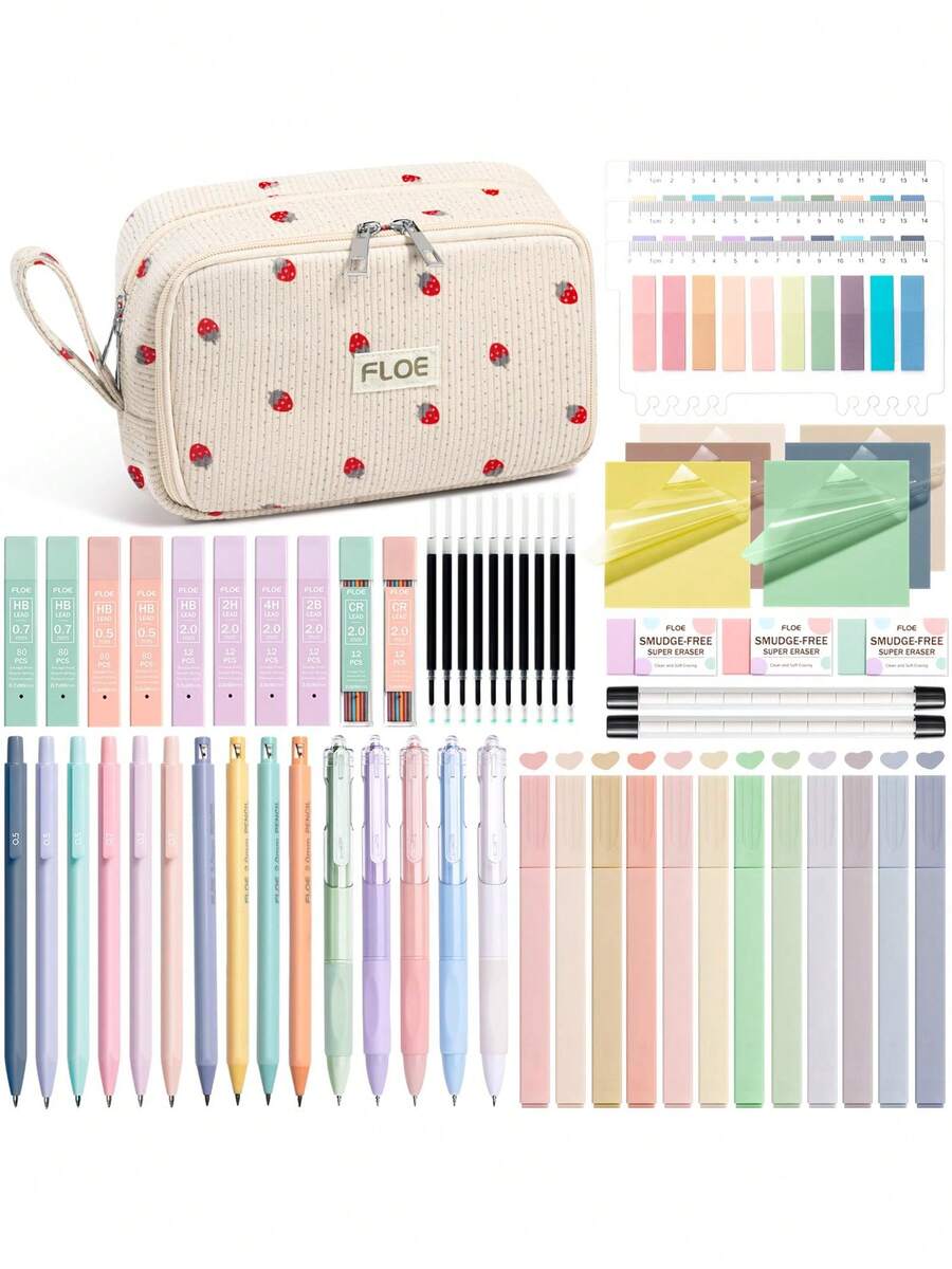 62PCS Large Capacity Pencil Pouch Stationery Pen Bag With Pastel Highlighters Black Ink Gel Pens Mechanical Pencils Set 0.5mm, 0.7mm & 2.0mm, Aesthetic School Supplies For Back To School Student & College Essentials Gifts - 米色草莓 - 查看 1