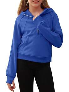 Half Ziper Collar Cropped Hoodies Long Sleeve Fleece Zip Up Pullover Sweatshirts - 寶藍色 - 查看 2