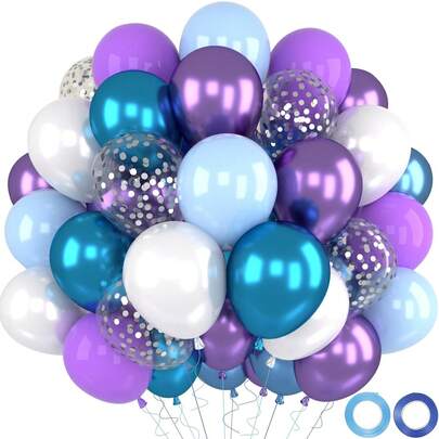 52 piezas/Globos azul y morado, 52 piezas de globos de fiesta de Frozen con globos azul, morado, blanco, metálicos, lila y plateados con confeti para decoración de fiesta de cumpleaños, boda y baby shower con tema de Frozen en invierno