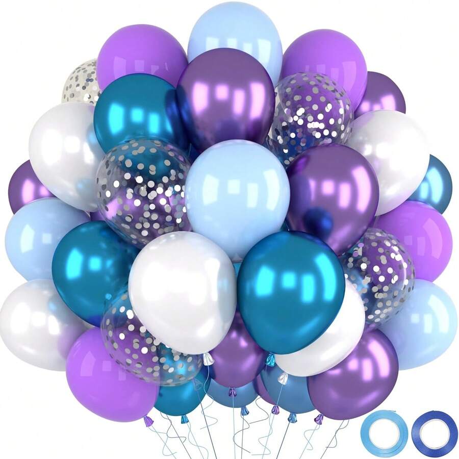 52PCS/Blue Purple Balloons Set, 52pcs Frozen Party Balloons With Blue Purple White Balloon Metallic Lilac Silver Confetti Balloon For Frozen Theme Birthday Party Decoration Wedding Baby Shower Winter - Multicolor - View 1