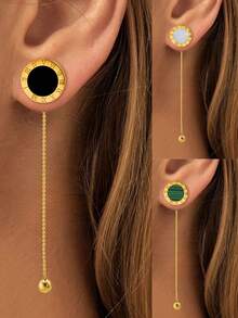 1 对/2 件原创设计罗马数字链式耳环不锈钢黑色或白色贝壳婚礼耳环适合女士情人节、妈妈、母亲、母亲节、礼物 - 金色 - 查看 2