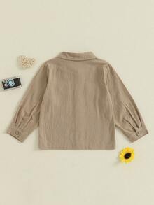 Camisas de otoño para bebés varones, camisas de manga larga de color liso con solapa y botones, blusas de otoño para niños pequeños - Caqui - Ver 2