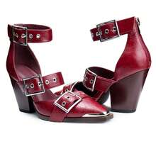 Western Chunky Sandals For Women Pointed Toe Block Heels Faux Leather Metal Buckle Strappy Pumps Ankle Strap Western Sandals - Màu Đỏ Sâu - Xem 9