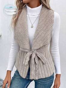 女式秋冬夏尔巴羊毛双面条纹领带背心夹克，保暖 - 杏色 - 查看 1