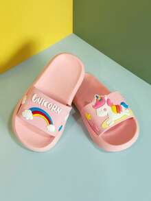 1 par de chanclas planas de EVA con diseño de unicornio arcoíris para niños, aptas para interiores/exteriores, hogar, baño, verano