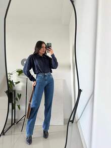 Wide Leg Jeans - 深色水洗藍 - 查看 4