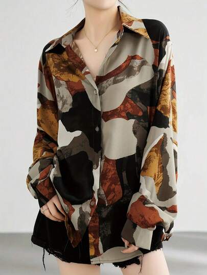 Plus Size Casual Long Sleeve Allover Print Buttoned Shirt, Everyday Wear Spring