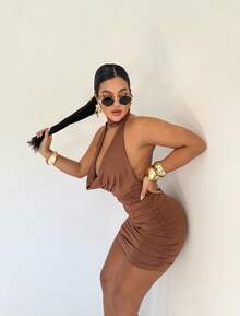 Women's Dress, Light Polyamide Mesh Fabric, Side Draping, Back Closure. One Size (38-42). Elegant, Sensual, Foreign Fashion. - Mousse sô cô la - Xem 4