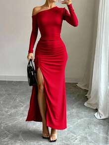 Vestido largo Hombro Descubierto Con Abertura en pierna Sexy Para Dama Ween femenino hombro caido elegante atrevido diferente corte asimétrico graduación boda formal - Rojo - Ver 3