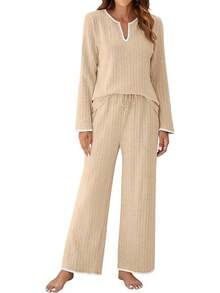 Women's 2 Piece Ribbed Color Block Fleece Pajama Set Fall Long Sleeve Lounge Sleepwear With Pockets Soft Warm Loungewear - Màu be - Xem 1