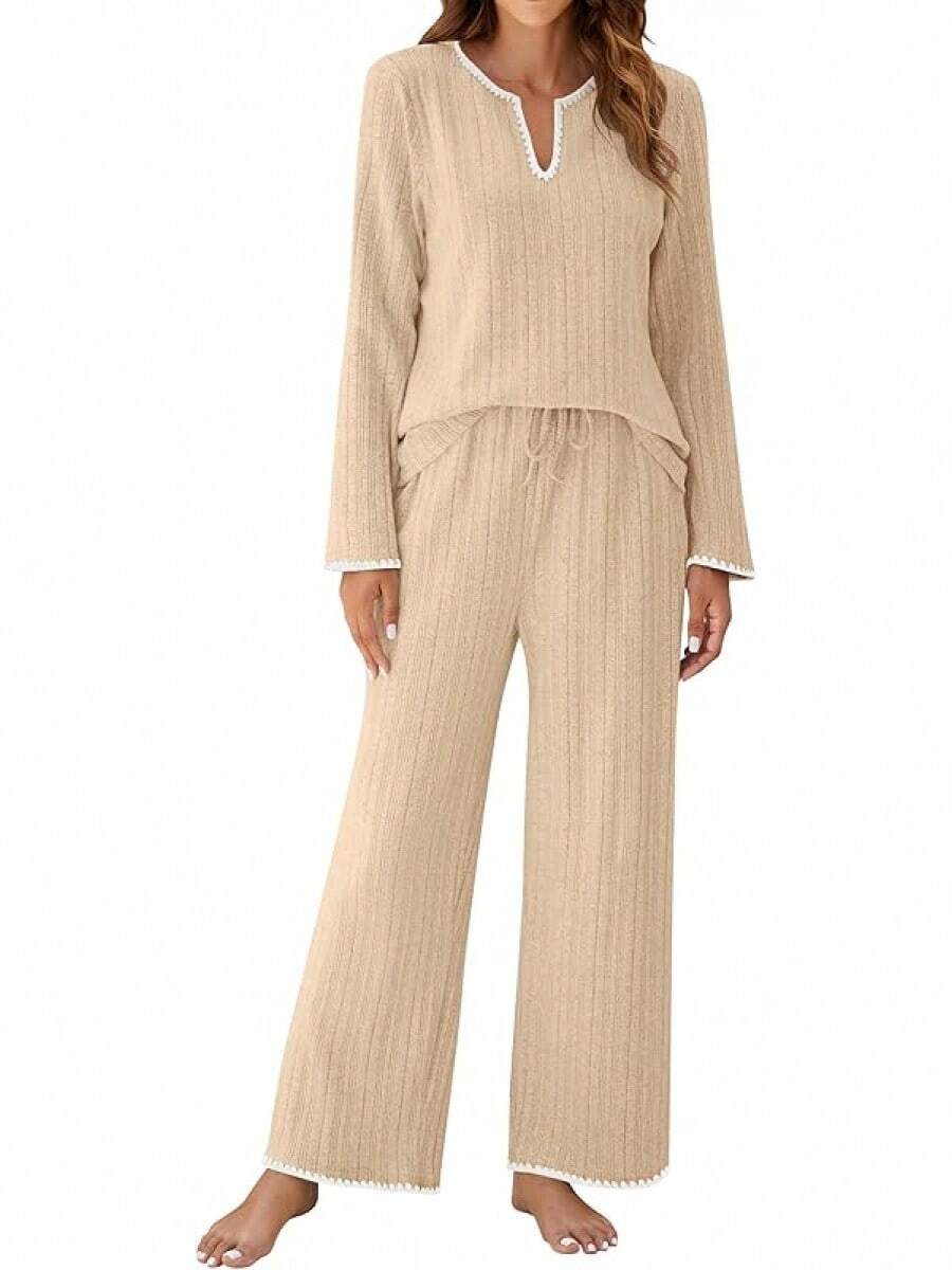 Women's 2 Piece Ribbed Color Block Fleece Pajama Set Fall Long Sleeve Lounge Sleepwear With Pockets Soft Warm Loungewear - Màu be - Xem 1