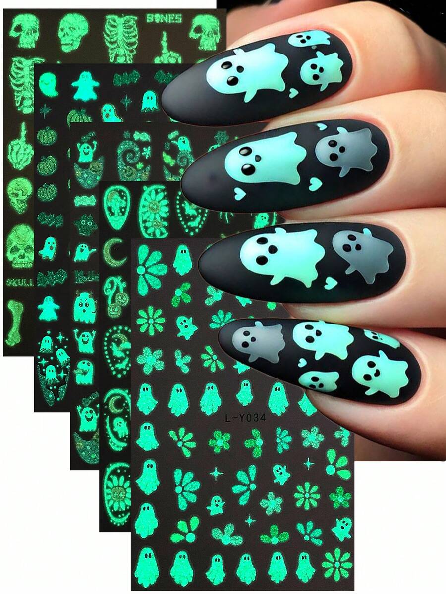 Pegatinas luminosas de uñas de Halloween 3D 2/4/5 piezas que brillan en la oscuridad, diseño de manicura francesa con dibujos de pétalos de margarita góticos, fantasmas, calabazas, calaveras, huesos de mano, telarañas y motivos espeluznantes para decoración de uñas en otoño e invierno, accesorios de arte de uñas autoadhesivos