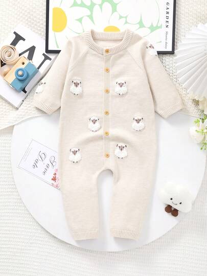 Unisex Baby Cute Sweet Funny White Sheep Pattern Warm Long Sleeve Jumpsuit Knitted Sweater Jumpsuit Cardigan, Suitable For Autumn/Winter Outings, Daily Wear Or Gatherings