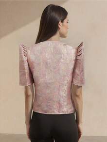 現代風上衣 蝴蝶袖 Filipiniana 女款夏季時尚優雅泡泡袖短袖上衣 - 香檳色 - 查看 2