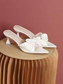 1 Pair Teenage Fashion Bowknot Pointed Toe Stiletto High Heel Slippers, Suitable For Outdoor Party And Gathering
