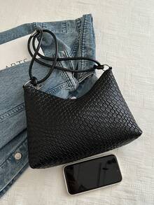 New Fashionable Woven Tote Bag, Retro Shoulder Bag - Black - View 3
