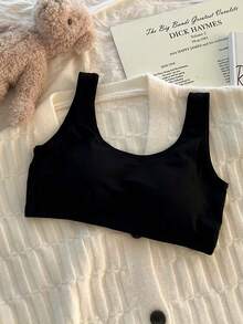 青少年女孩U型細肩帶內衣，無縫無鋼圈Bralette，適合中學生，透氣運動內衣 - 黑色 - 查看 2
