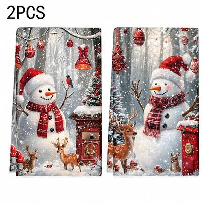 1 set/2 pezzi/100 pezzi Asciugamani da cucina e strofinacci con motivo pupazzo di neve natalizio, adatti per ristorante, cucina, bagno, decorazione per feste, possono essere regalati come doni per le vacanze