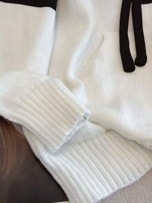 1 pieza Sudadera con capucha de punto de manga larga con cordón y bloque de color, suéter informal de calle para mujer, sudadera con bolsillo versátil y de moda - Negro - Ver 6