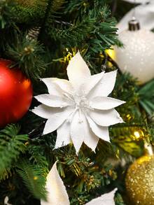 10pcs/1pc Glitter Poinsettia Artificial Poinsettia Christmas Tree Decorations (With Clips), Glitter Poinsettia, Christmas Decorations, Holiday Accessories, Christmas Tree, Wreath, Glitter Poinsettia Christmas Tree Ornaments, Holiday Decor DIY Wreath - White - View 3