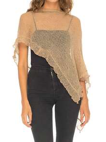 Women Sheer Knitted Poncho Solid Color Ruffle Trim Boat Neck See Through Cover Up Tops - Khaki - View 3