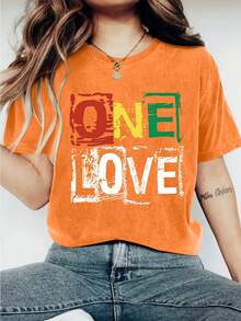 ONE LOVE Print Crew Neck T-Shirt - Fashionable Womens Graphic Print T-Shirt - Casual Short Sleeve Crew Neck Top - Lightweight & Breathable For Spring & Summer Wardrobe, 1 Piece, 200g - 橘色 - 查看 1