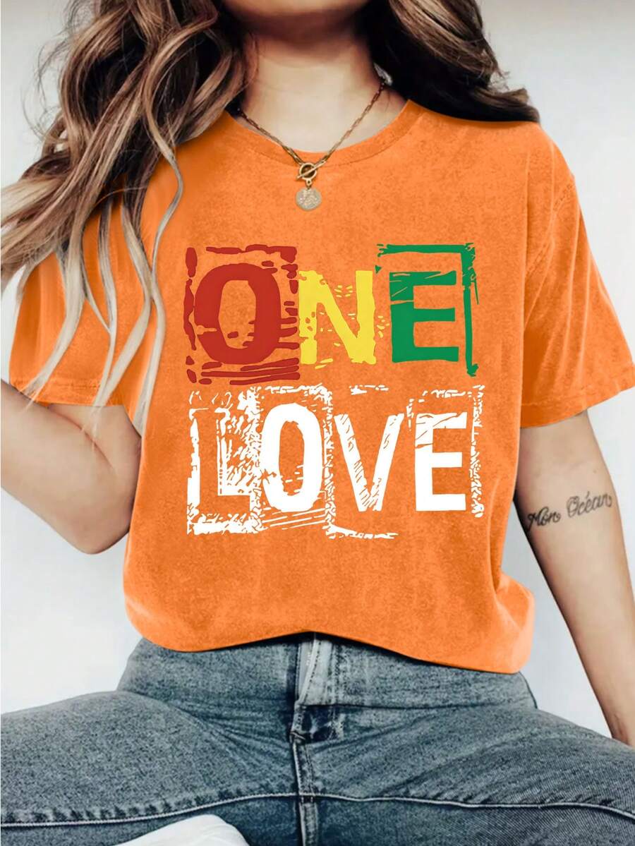 ONE LOVE Print Crew Neck T-Shirt - Fashionable Womens Graphic Print T-Shirt - Casual Short Sleeve Crew Neck Top - Lightweight & Breathable For Spring & Summer Wardrobe, 1 Piece, 200g - 橘色 - 查看 1