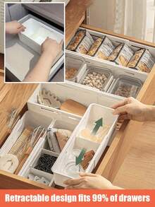 Caja de almacenamiento que se puede redimensionar y ajustar con divisores / Caja de almacenamiento de cocina / Caja de almacenamiento de cosméticos / Caja de almacenamiento de papelería / Compatible con varios tamaños de cajones / Almacenamiento multifuncional / Organizador de partición perfecto Caja de almacenamiento con compartimentos multifuncionales