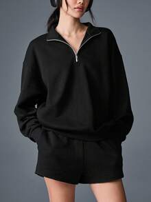 Women's Comfortable Ribbed Knit Casual 2 Pieces Set With Zip Collar Top And Shorts, Medium Stretch