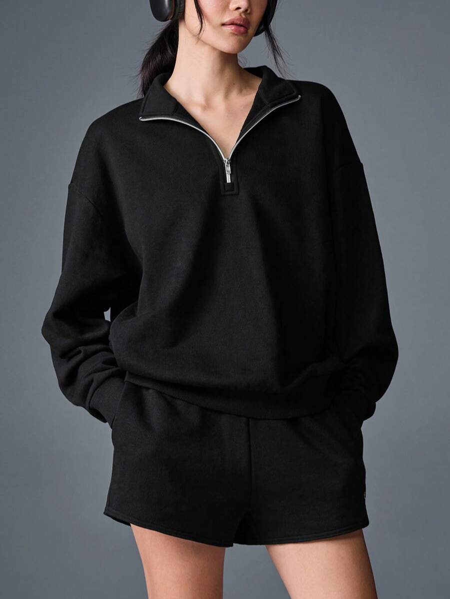 Women's Comfortable Ribbed Knit Casual 2 Pieces Set With Zip Collar Top And Shorts, Medium Stretch