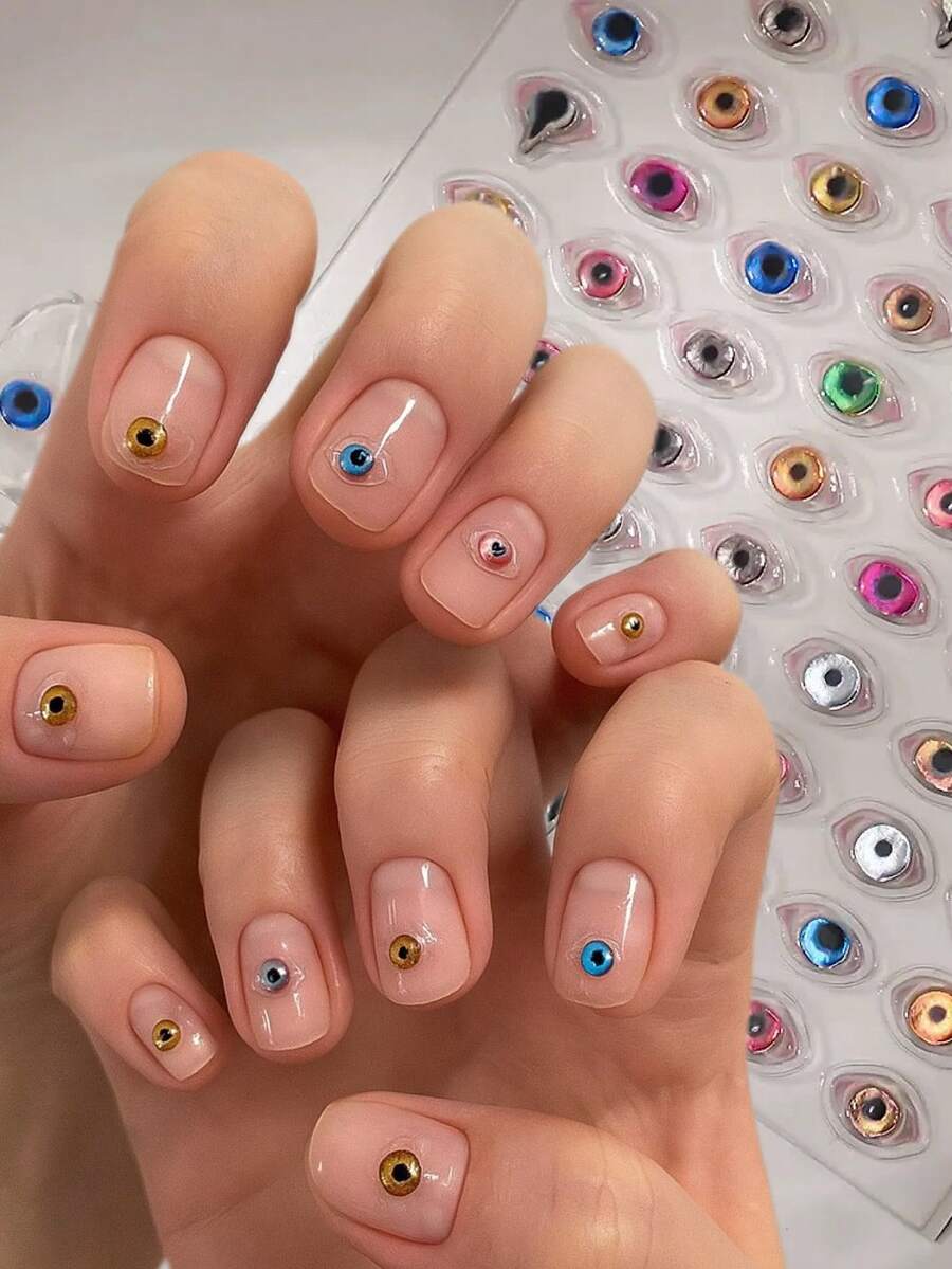 1张闪亮恶魔天使之眼美甲贴纸 - 3D果冻金箔卡通怪兽贴纸，适用于DIY美甲、手机壳等 - 自粘式，亮面，多种颜色（蓝、绿、粉、黄、橙），美甲贴纸，创意手工，奇趣设计，单张