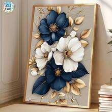 1 White And Navy Blue Bouquet With Golden Leaf Canvas Printed Posters, Modern Wall Arts Decoration Painting, Suitable For Coffee Shops, Homes, Bedrooms, Living Rooms, Kitchens, Bathrooms, Offices, Home Decoration, Decorating Houses, Bedrooms, Wall Decoration, Give To Friends. Ideal Choice For Decoration