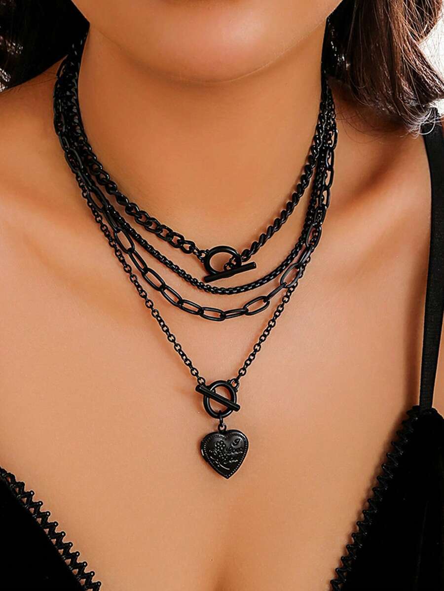 4pcs Stylish Punk Goth Beaded Metal Balloon Heart Pendant Romantic Surprise Gift Versatile Necklace - Black - View 1