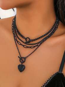 4pcs Stylish Punk Goth Beaded Metal Balloon Heart Pendant Romantic Surprise Gift Versatile Necklace - Black - View 2