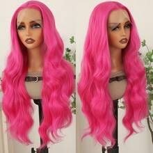 13X4 Free Part Ombre Pink Body Wave Synthetic Lace Front Wigs For Women 28 Inch Long Wavy Hair Wigs Glueless Soft Pink Ombre Colored Wigs Heat Resistant Christmas Wig Natural Long Wave Lace Front Wigs For Daily Party Cosplay Use - 玫紅色 - 查看 3