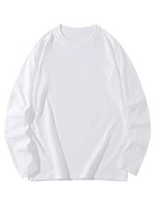 娇小女士休闲圆领纯色百搭简约宽松棉质长袖 T 恤上衣 - 白色 - 查看 6