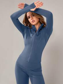 NcmRyu 1 套女式弹力运动简约立领拉链设计收腰提臀性感长袖上衣和裤子运动服套装 - 藍色 - 查看 9