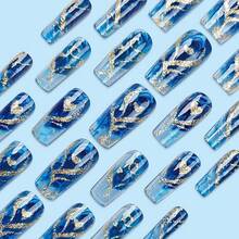 Medium Coffin Shaped Press On Nails Golden Glitter Stripe Acrylic Nails With Heart Love Designs Full Cover Gradient False Nails Stick On Nail For Women DIY Manicure Decoration 24 Pcs - 樣式 16 - 查看 4
