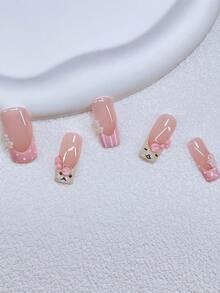 10片Y2K风格管道形美甲贴片套装 - 手工制作，粉色美甲，粉白法式风格，手工3D粉色蝴蝶结，手绘白色波点法式风格和手绘小狗图案设计，白色小花元素点缀 - 适合女性和女孩，派对、婚礼、日常佩戴、DIY美甲，包含工具包。方形美甲贴片。手工美甲贴片。假指甲。美甲用品 手工美甲贴片 - 彩色 - 查看 3