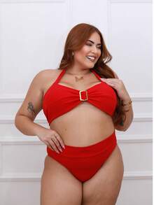 Plus Size Bikini With Gold Detail Simple Elegant Casual Beach - Rojo - Ver 1