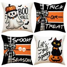 4 件万圣节枕套，可爱幽灵和黑猫条纹设计，黑白卡通单面印花拉链靠垫套，万圣节家居装饰，适用于家庭、客厅、沙发、床、户外露台，不含枕芯，18 X 18 英寸 - 黑與白 - 查看 3