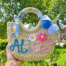 1pc Personalized Straw Woven Bag, Ribbon/Pom Pom/Crochet Flower, Fashion Letter Woven Tote Bag, Straw Handbag, Party Gift Bag, Bridesmaid Gift Basket - Multicolor - View 38