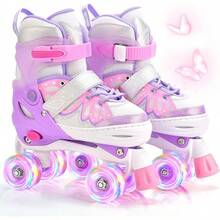 NewNEMONE Mermaid 4 Size Adjustable Light Up Roller Skates For Girls, Purple Blue Skates For Toddlers, Beginner Kids Butterfly Roller Skates Indoor OutdoorSeasonal Gifts - D-蝴蝶 - 紫粉紅色 - 查看 1