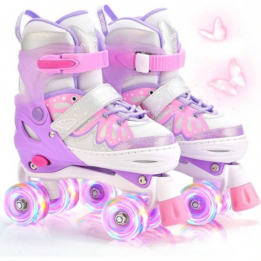 NewNEMONE Mermaid 4 Size Adjustable Light Up Roller Skates For Girls, Purple Blue Skates For Toddlers, Beginner Kids Butterfly Roller Skates Indoor OutdoorSeasonal Gifts - D-蝴蝶 - 紫粉紅色 - 查看 1