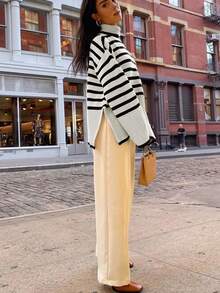 黑白撞色圆领宽松套头毛衣，女士新款秋冬简约休闲通勤针织衫，万圣节、圣诞节、新年皆宜 - 黑與白 - 查看 11