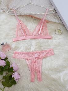 2 件花卉蕾丝内衣套装，开杯文胸和开裆丁字裤，性感女士内衣和睡衣套装 - 粉色 - 查看 3